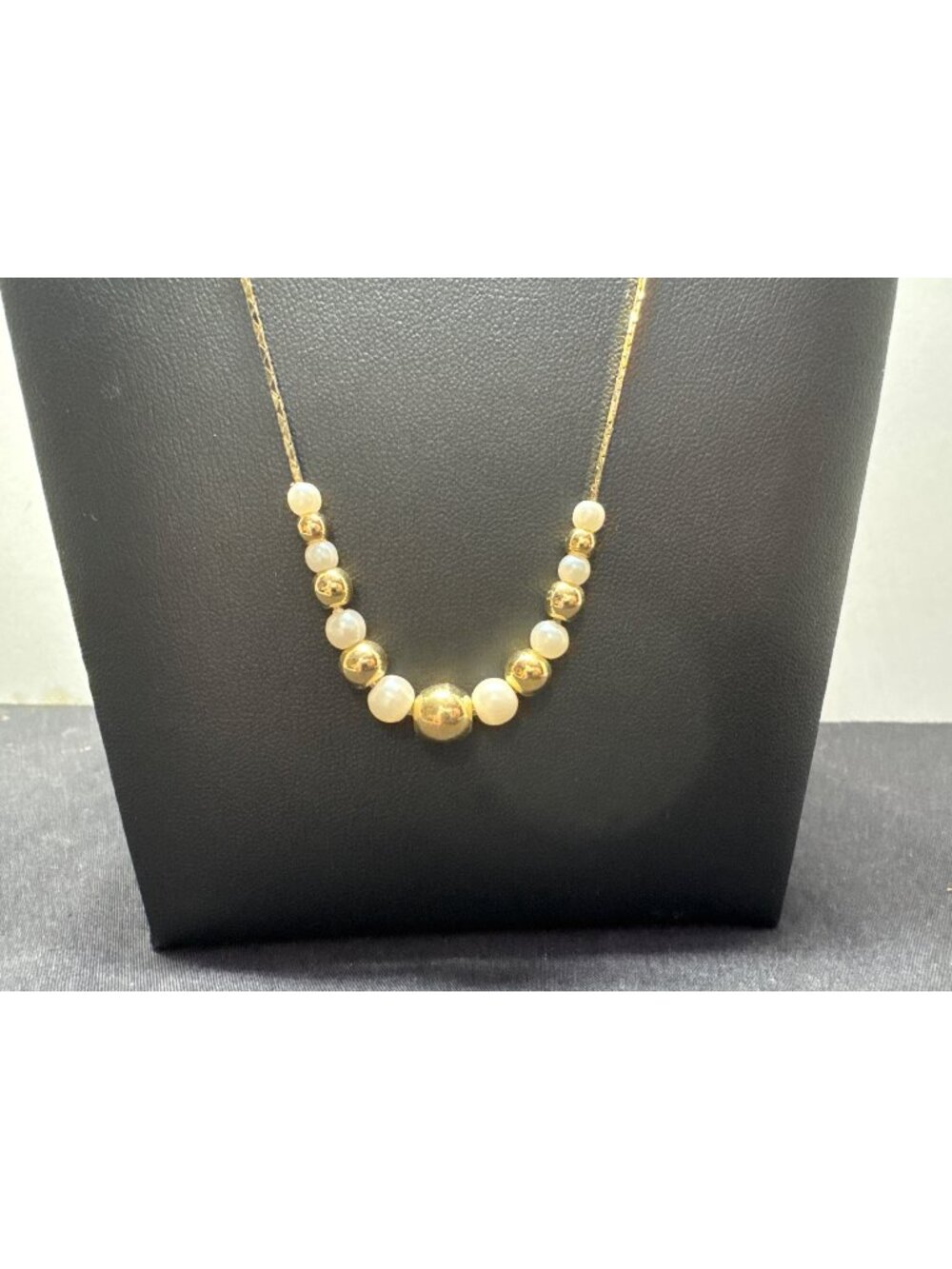 Yellow Gold Tone Necklace With Freshwater Pearls & Gold Beads 16 Inches Elegant